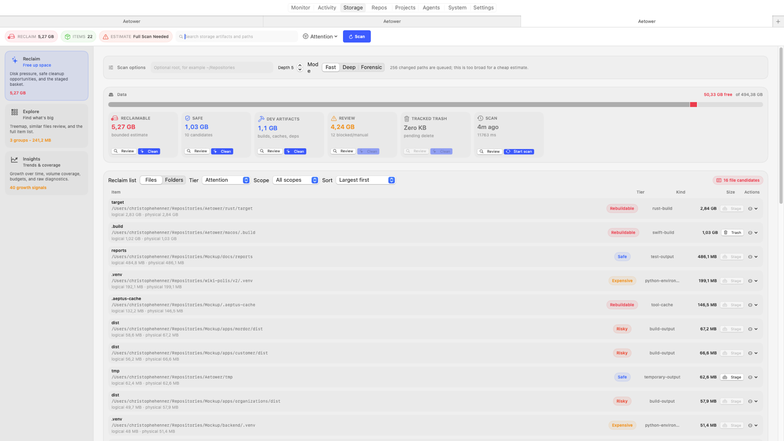 Aetower's Storage tab: reclaim lanes for reclaimable, safe, dev artifacts, and review candidates above a reclaim list with safety-tier badges, per-path sizes, and Stage-via-Trash actions.